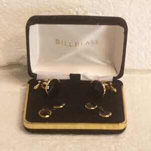 Bill Blass Gold-Tone Metal and Black Onyx or Enamel Cufflink and Tuxedo Stud Set